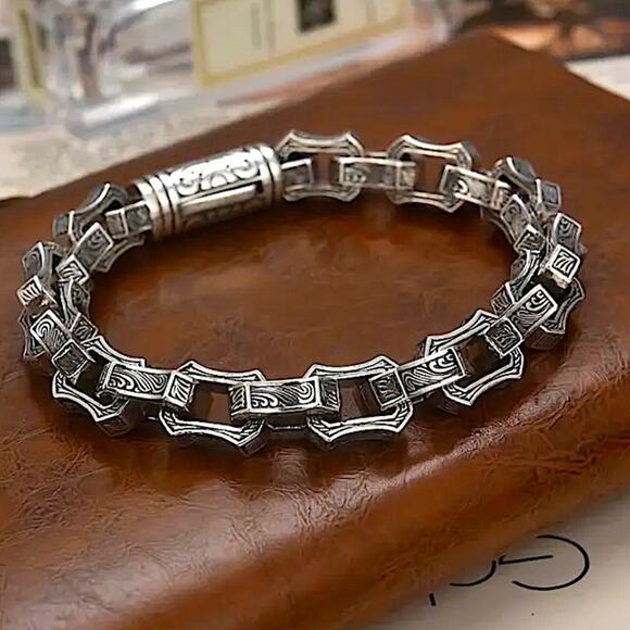Stainless Steel Chain Link Bracelet, Mantra, Curb Hand Woven Engraved - Picture 1 of 7